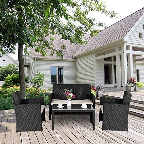 Cloud Mountain 4 Piece Wicker Rattan Furniture Set Patio Conversation Set Outdoor Garden Lawn PE ...