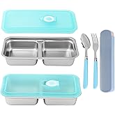 Herxsin Stainless Steel Double Compartment Snack Containers with Lids Fork & Spoon, Grab and Go Snack Containers, Reusable Fo