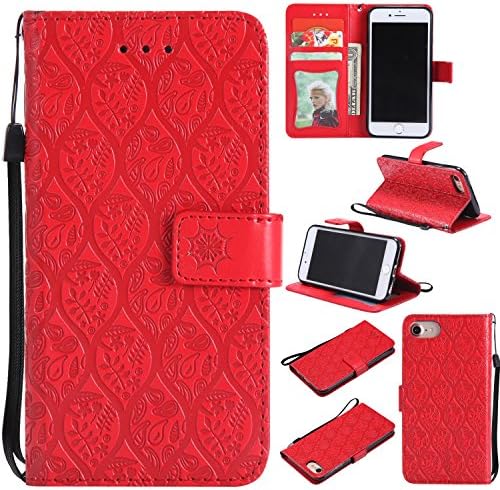 iPhone 8 Wallet Case iPhone 7 Case LEMY JOURNEY Vintage Emboss Floral PU Leather&amp;Soft TPU[Card/Cash Slots][Wrist Strap]Wallet Magnetic Flip Case For iPhone 8/7(FV-RED)