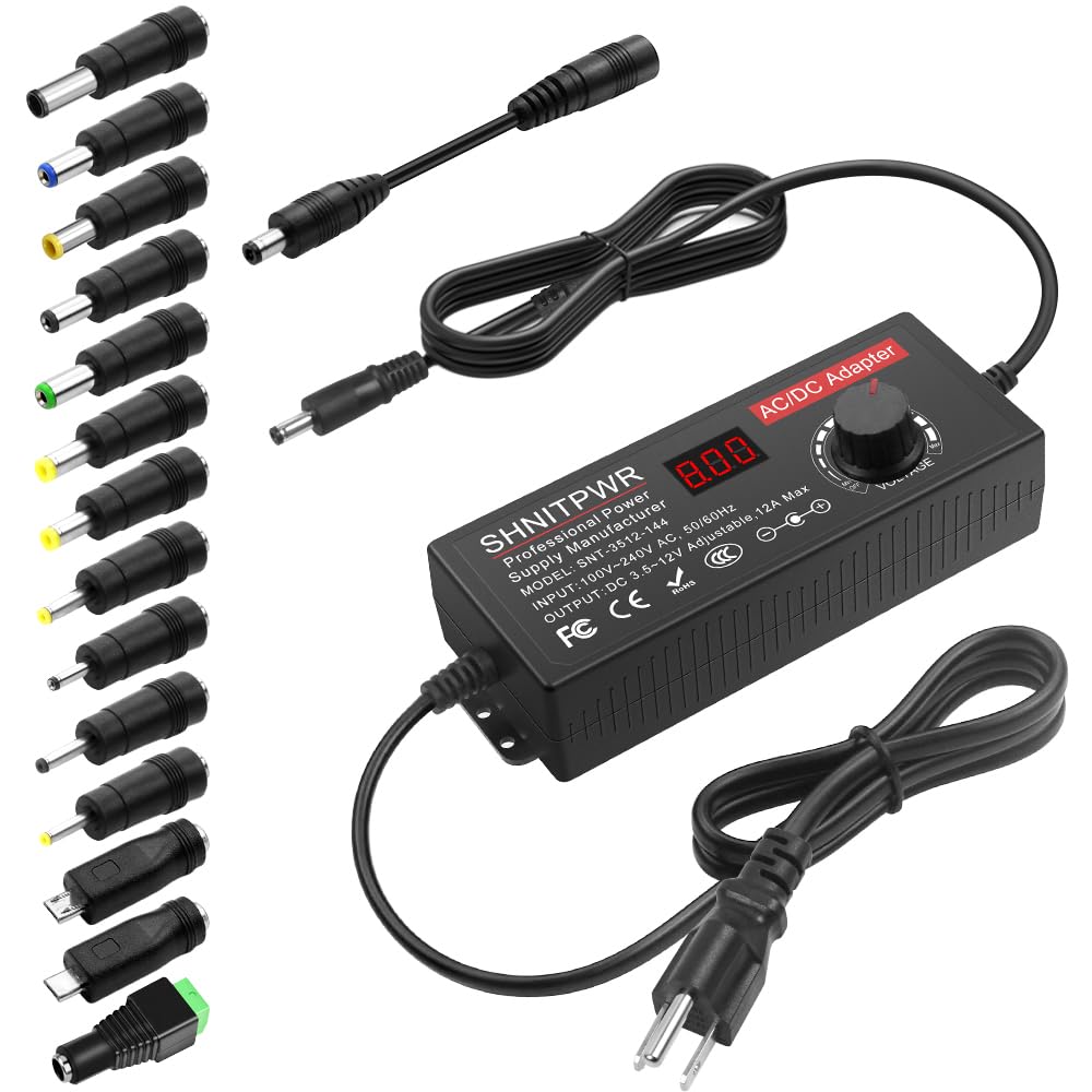 SHNITPWR Power Supply Adjustable DC 12V 11V 10V 8V 9V 6V 5V 3.5V Universal AC Adapter Multi-Voltage AC/DC Adapter 3.5V~12V 12A 144W DC Power Adapter 100V~240V AC to DC Variable Power Converter 14 Tips