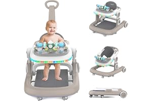 HXG Baby Walker, 4 in 1 Foldable Baby Walker, Baby Walker with Wheels & LED Light, Adjustable Speed and 3 Height for Baby Girl and Baby Boy, Baby Walkers for Babies 6-18 Months