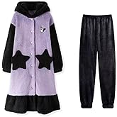 Brrioe Women's Cute Robe Button Bathrobe - Hooded Plush Sleepwear with Kawaii Pattern and trousers Sets