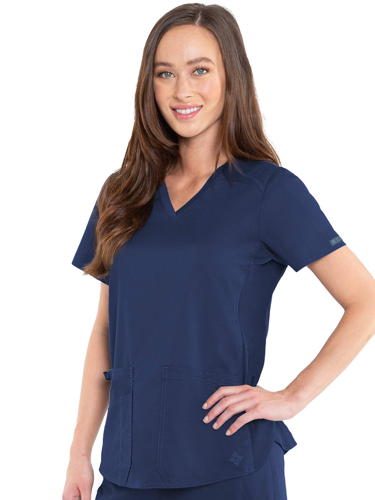 Med Couture V-Neck Scrub Top for Women with 4 Pockets, Rib-Knit Side Panel, and Shirttail Hem MC7459