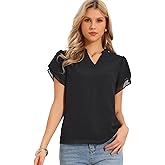 Allegra K Chiffon Blouses for Women's Dressy Casual Short Ruffle Petal Sleeve V Neck Elegant Shirts