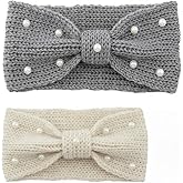 VALICLUD Winter Headband for Women Knitted Pearl Hairband Ear Warmer with Bowknot Soft Crochet Twist Head Wrap 7.67X4.33In Comfortable Cold Weather Accessory