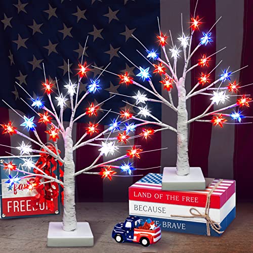 obbsie 2 Pack 4th of July Decorations Tree Light, 18.5" Patriotic Tree with 24pcs Red White Blue LED Star Lights Battery Operated Lighted Tabletop Tree with Timer for Home Table Decor Memorial Day at Amazon