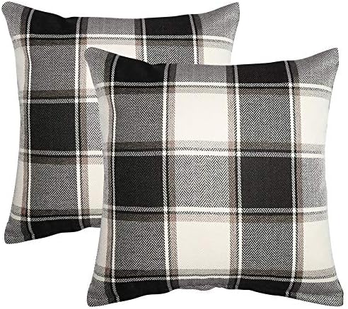 cinsey Decorative Throw Pillow Covers Pack of 2- Black and White Cotton Linen Buffalo Check Plaid Cushion Covers Holiday Farmhouse Decor for Couch Bed Sofa (Black Check Plaid, 2 Pieces,20x20inch)