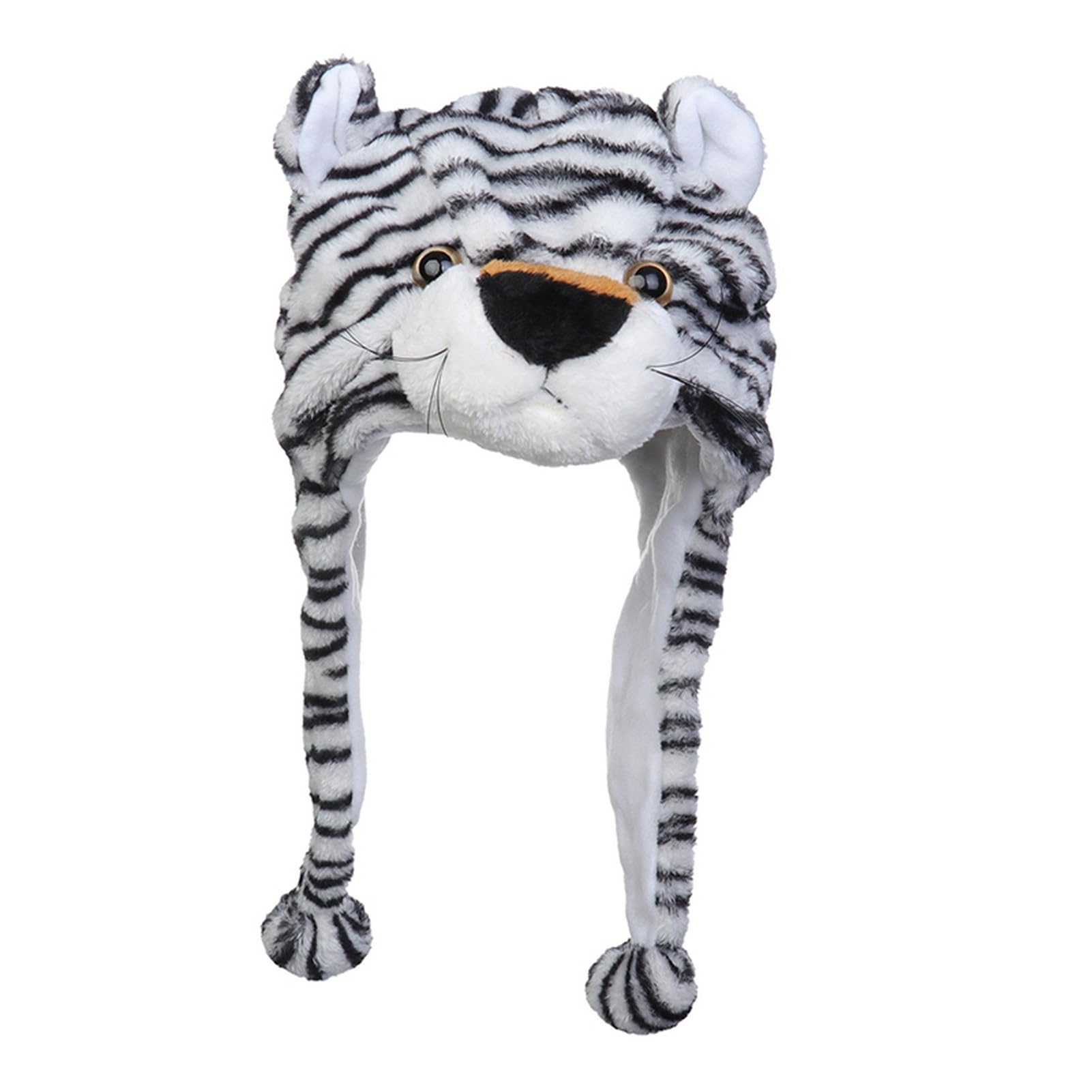 VPbao Plush Headgear Hat, 2-in-1 Hat with Ear Flaps Scarf Set, Funny Cartoon Animal Cap for Costume Party - Comfortable Soft Warm Novelty Unisex Headwear Props White Tiger