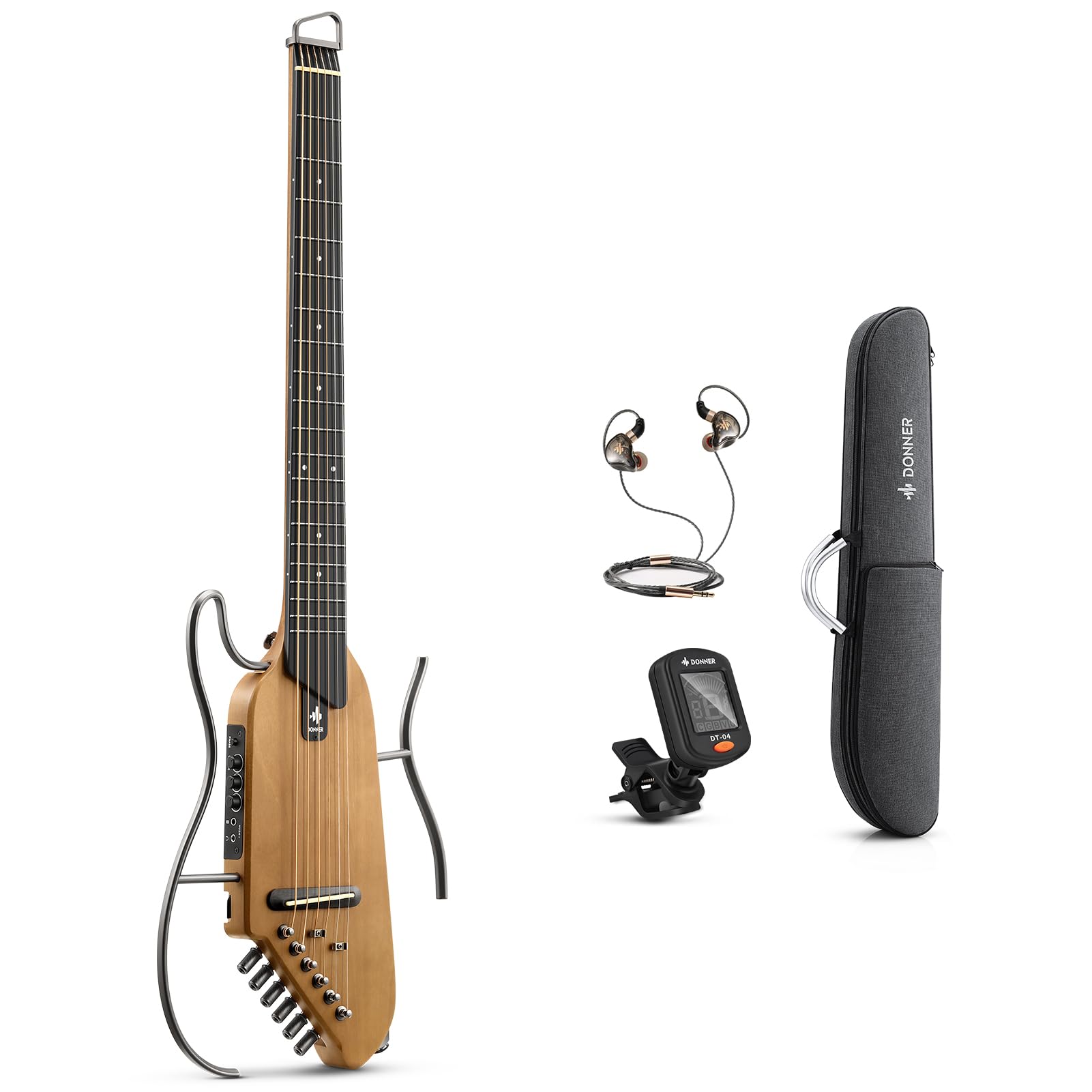 Donner HUSH I Guitar For Travel - Portable Ultra-Light and Quiet Performance Headless Acoustic-Electric Guitar, Maple Body with Removable Frames, Gig Bag, and Accessories