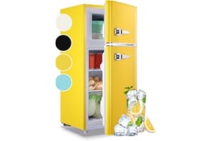WANAI 3.5 Cu.ft Small Refrigerators Retro Mini Fridge with Freezer Yellow Full-sized Fridge Dual Door Dual Handle Classic Removable Glass Shelves Adjustable Thermostat for Home Office Dorm RV