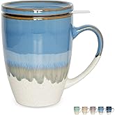 Bosmarlin Ceramic Tea Cup with Infuser and Lid, 13.5 Oz, 5 Colors to Choose, Dishwasher and Microwave Safe, Steeping Tea Mug with Strainer, Reactive Glaze (Light Blue)