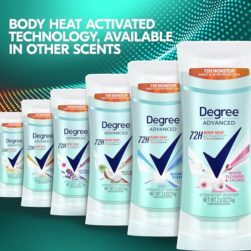DEGREE ADVANCED PROTECTION ANTIPERSPIRANT DEODORANT WHITE FLOWERS & LYCHEE FOR 72-HOUR SWEAT & ODOR CONTROL FOR WOMEN, WITH BODY HEAT ACTIVATED TECHNOLOGY, 2.6 OZ