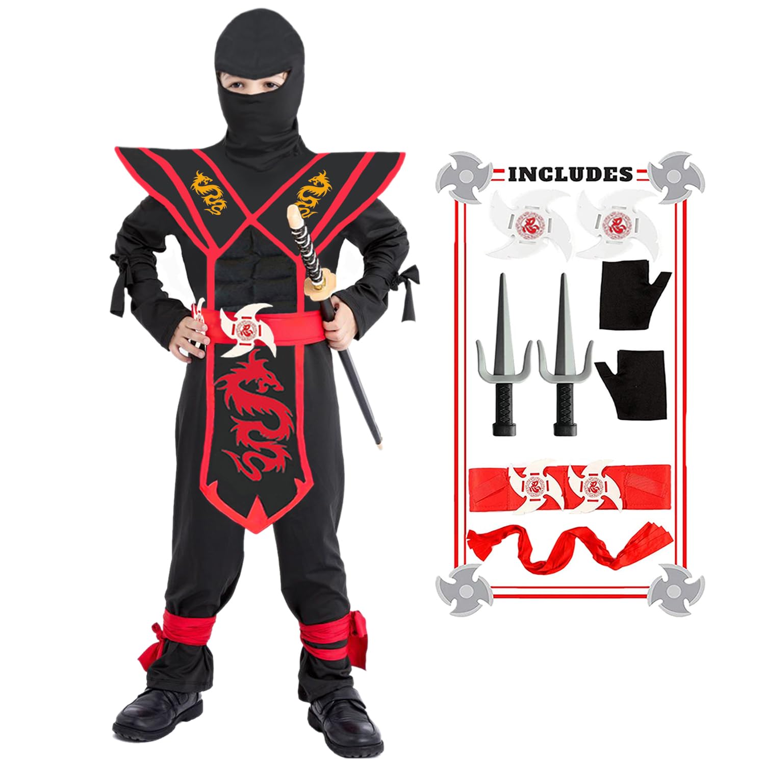 SATKULL Kids Ninja Costumes Boys Deluxe Ninja Costume Accessories Set Toys for Halloween Dressing Up Parties(Kids-XL-10/12T)