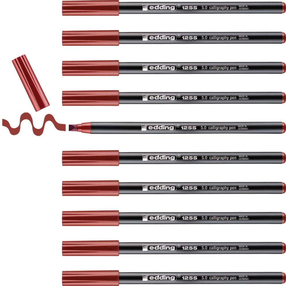 edding 1255 calligraphy pen - crimson lake - box of 10 - calligraphy nib 5 mm - fibre pen for paper, wood, terracotta, canvas - hand lettering, bullet journals, thank you cards, calligraphy books