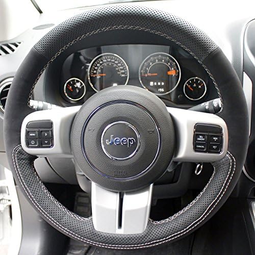 16sixteen Luxury Hand Sewing Anti-slip Premium Nappa &amp; Suede Leather Stitch On Car Steering Wheel Cover for Jeep Compass, Black Cover, 9 Color Thread