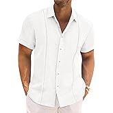 Runcati Mens Cuban Guayabera Shirts Short Sleeve Linen Casual Shirt Button Down Beach Summer Mexican Shirts