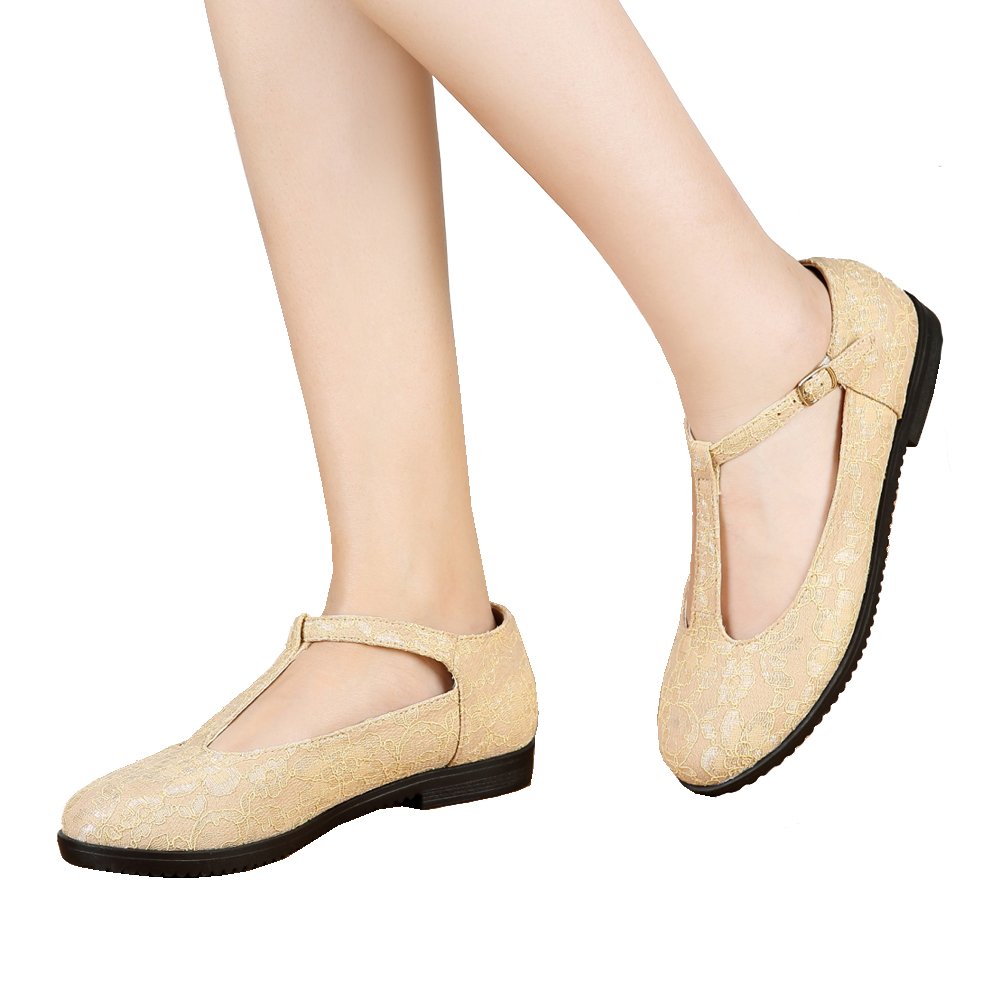 getmorebeauty Women's Beige Mary Janes Flats T Straps with Lace Wedding Shoes Low Heel Shoes (US 8, Beige) - Image 8