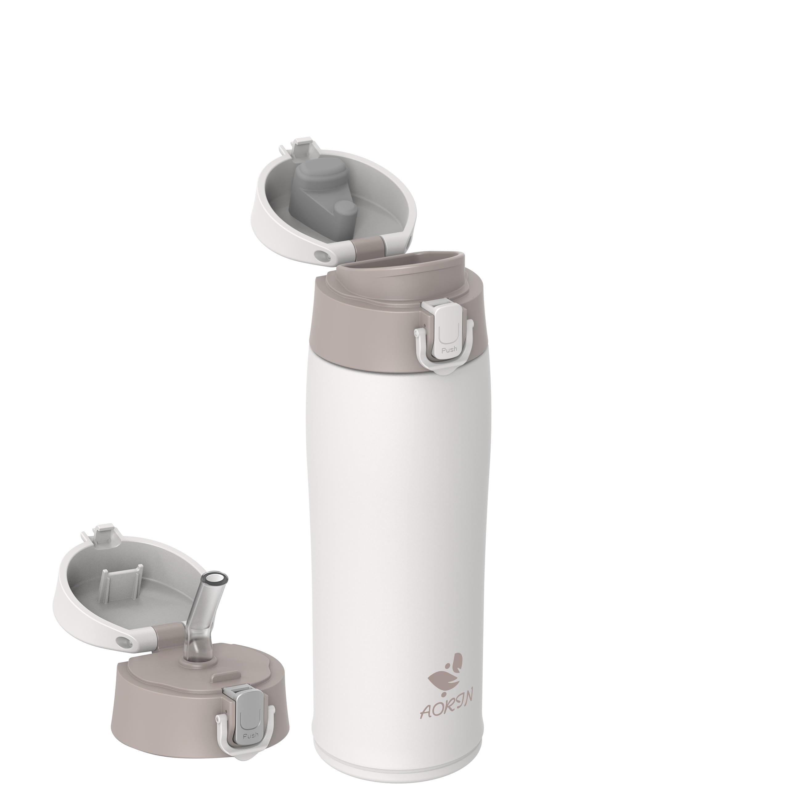 AORIN 18/8 Stainless Steel Water Bottle with 2 Lids, 500ml, Vacuum Insulated Metal Bottle, Leakproof Drinks Bottle, BPA Free, Hot & Cold Compatible, Portable Flask for Gym, Sport, Daily