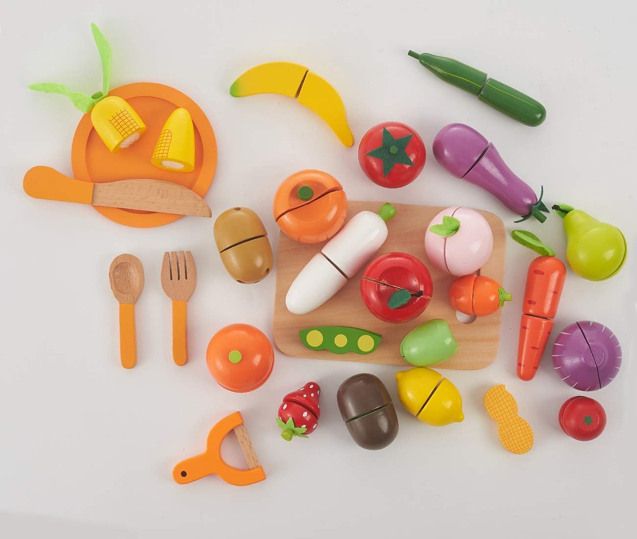 RUYU Wooden Cutting Food - Play Food Set with 28+ Hand-Painted Pieces, Knife, Fork, Spoon ,Cutting Board and Storage Sack, Self-Stick Tabs ,Pretend Food Play Kitchen Toys for Toddlers, Boys & Girls