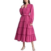 D-Sun Women's Wedding Guest Holiday Party Dresses Long Sleeve V Neck Flowy Elegant Tied Waist Maxi Dress with Pockets