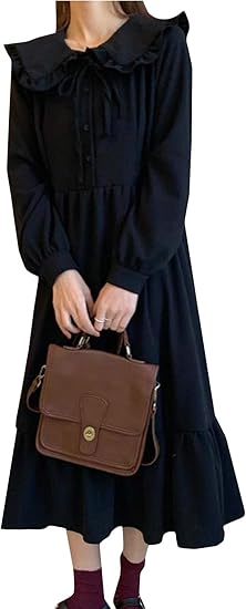 Amazon Co Jp Beibang バイバン ロングワンピース レディース 長袖 ワンピース 襟付き マキシワンピース 無地 ゆったり フレア ワンピース オシャレ 春 秋 Aラインワンピース 黒 服 ファッション小物