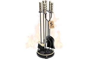 AMAGABELI GARDEN & HOME Fireplace Tools Set 5 Pcs Wrought Iron Indoor with Stand for Fire Place Kit Holder Wood Stove Hearth Accessories Chimney Fire Pit Tongs Shovel Brush Poker Fireset Outdoor Brass