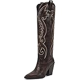 ISNOM Womens Cowboy Knee High Boots Cowgirl Boots Western Boots with Embroidered Pointed Toe Chunky Heel Slip on Retro Tall Boots