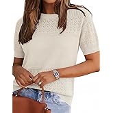 Tisfeer Short Sleeve Sweater for Women 2026 Spring Summer Crew Neck Eyelet Knit Shirts Loose Fit Lady Casual Blouse Tunics