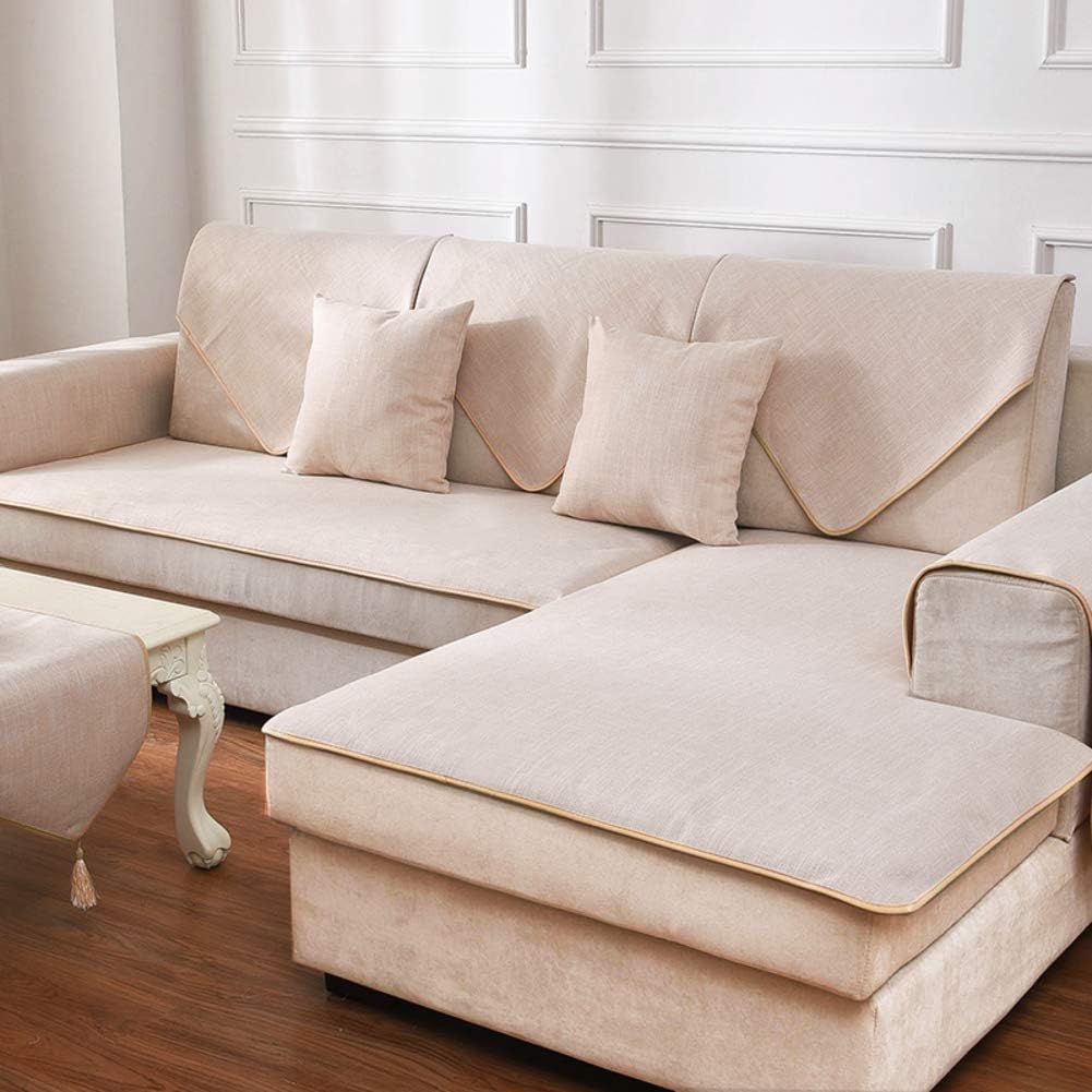 Redsun Cotton Linen Sectional Sofa Cover, Anti-Slip Solid Color Couch Covers Stain Resistant Furniture Protector for Dogs-Apricot 70x70cm(28x28inch)