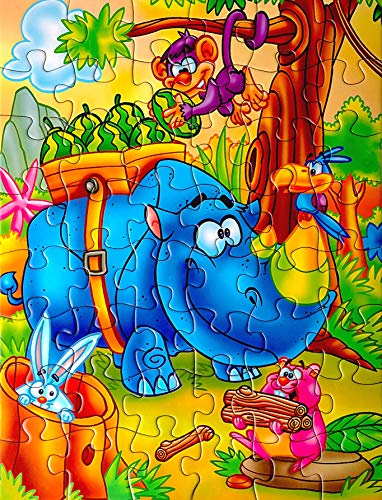 48 Piece Kids Jigsaw Puzzle with Beautiful Storage Box for Travel - Educational Fun for Children Ages 2-4 3-5 - Fun Cool Jungle Animal Cartoon Theme