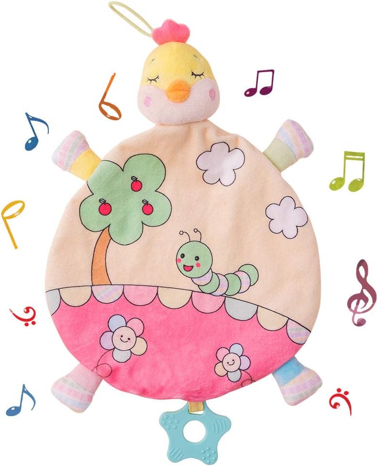 Baby Rattles Security Blanket Soft Fabric Lovey Blanket with Lovely Animal, Helps Calm Kids to Sleep for Infants, Newborn (Chick)