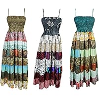 Mogul Womens Maxi Dress Recycled Vintage Sari Patchwork Holiday Dresses Wholesale Lot Of 3 Pieces