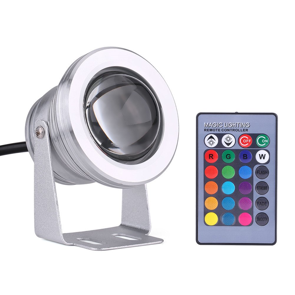 LED Pond Light, 10W 12V RGB Spotlight with Remote Control for Boats, Yachts, Pool, Patio, Garden, Solar Use