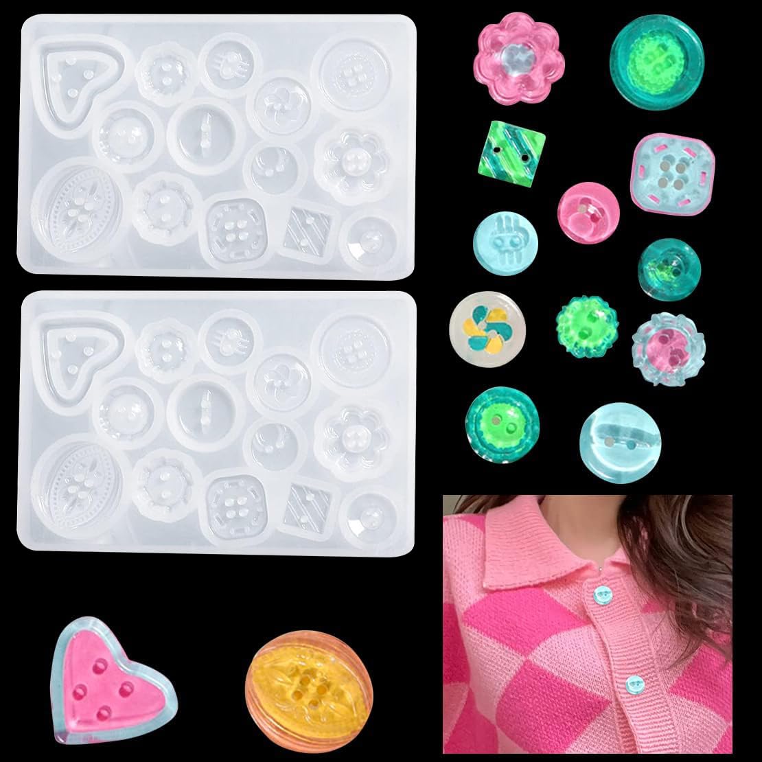 DeryArcle 2Pcs Button Resin Moulds Beads Heart Jewelry Silicone Mould Round Epoxy Casting Mold for DIY Necklace Earring Pendant Clothes Crystal Decoration