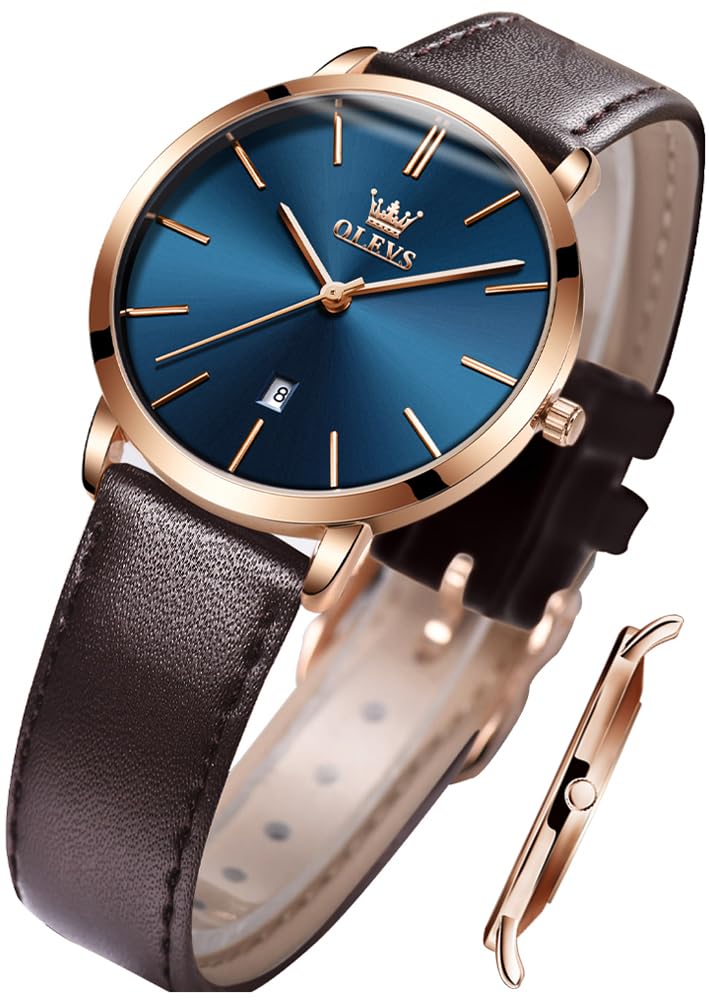 OLEVS Ladies Quartz Watch Minimalist Casual Ultra-Thin Design & Leather Strap & Waterproof & Date Elegant Watch