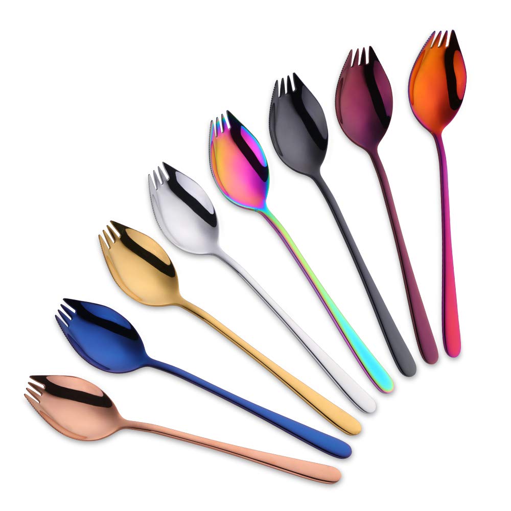 SBOMHS 8 Pieces (3 in 1) Spork Stainless Steel Knife Spoon Fork Set Camping Cutlery Set 8 Colors