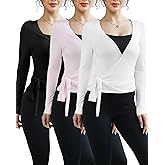 Simlakey 3 Pack Women Ballet Pilates Wrap Tops Y2K Workout Yoga Wrap Shirts Dance Long Sleeve Tie Front Crop Going Out Tops
