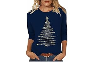 HNODOV Merry Christmas 3/4 Sleeve Tops for Women Cute Xmas Tree Tshirts Plus Size Crew Neck Blouse Soft Holiday Pullover Tees