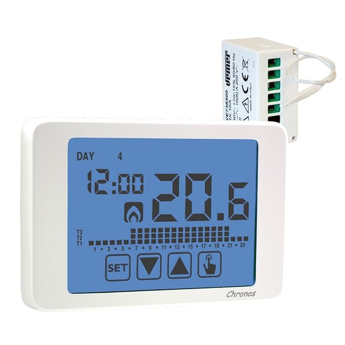 title=Cronotermostato Chronos RF Bianco settimanale touch screen da parete a batterie
