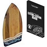 FUSIONOVA Acacia Cutting Board with Epoxy - Surfboard Shaped Wood Cutting Board with Waves, Beach House Essentials - Epicure, Gourmet, Cheese Lovers - Unique Gift for Surfers - Surf Decor - Surf Gift