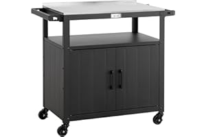 FEASTO Outdoor Grill Cart with Stainless Steel Tabletop and Storage Cabinet, Movable Kitchen Island with Wheels for BBQ Food Prep, Black