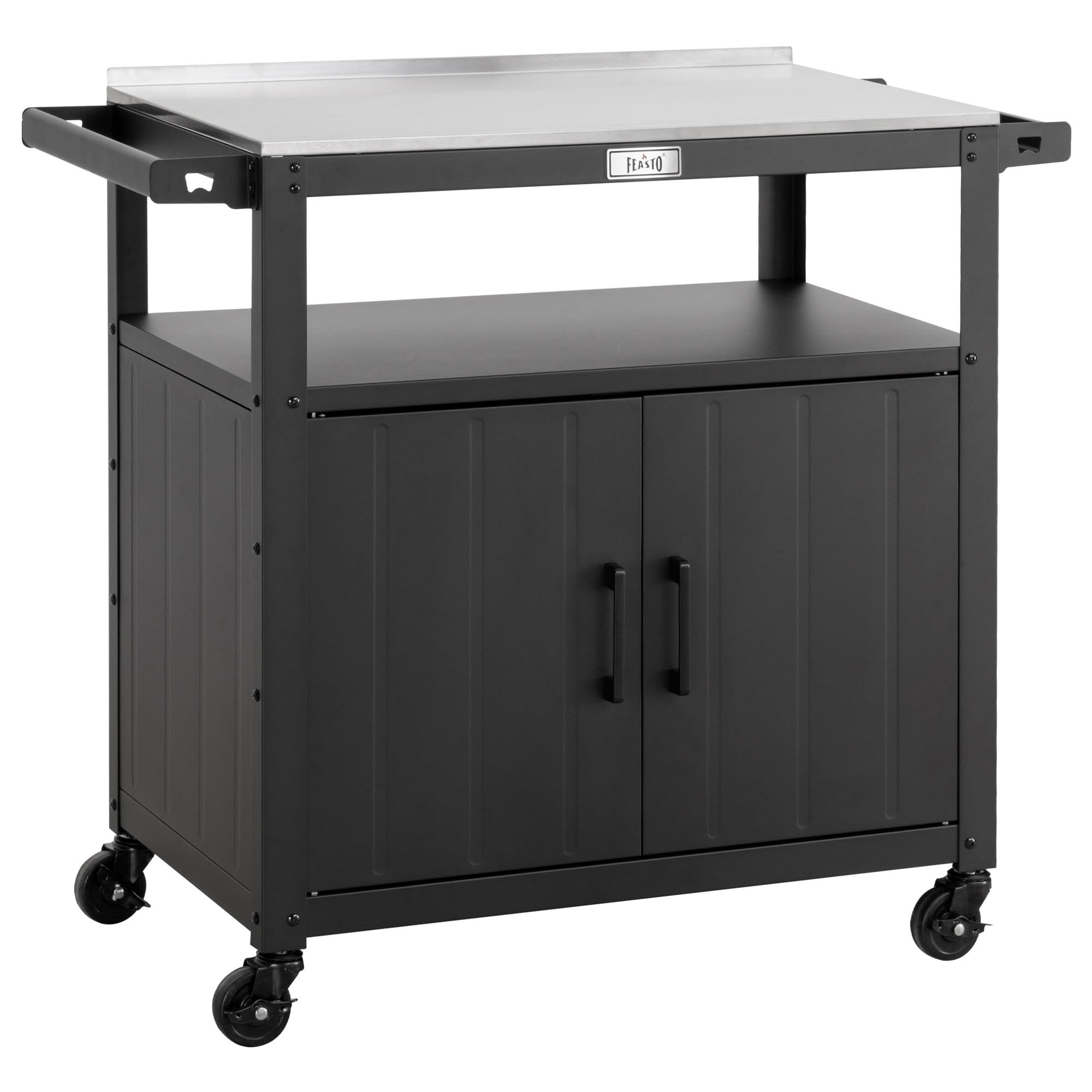 Photo 1 of ***MISSING PARTS *** Feasto Outdoor Grill Cart with Stainless Steel Tabletop and Storage Cabinet, Movable Kitchen Island with Wheels for BBQ Food Prep, Black ***SOME SCUFFS/SCRATCHES, BOX RIPPED/TORN***