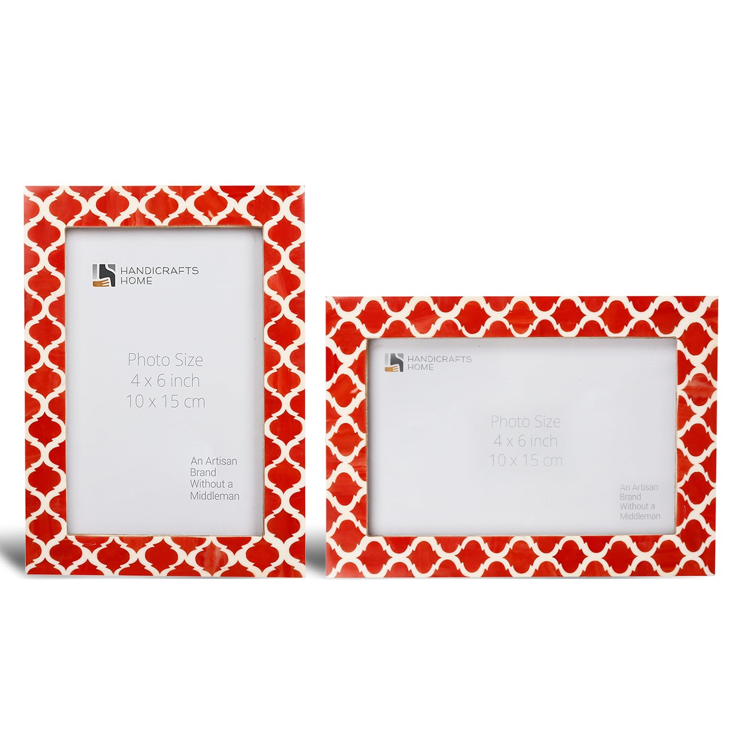 Handicrafts Home Red & White Vintage Photo Frames for Wall or Tabletop Display, 4x6 Picture Frame Set of 2,Boho Farmhouse Gallery Wall Frame Set, Artisan Handmade Home Decor, Handmade Moroccan Frame