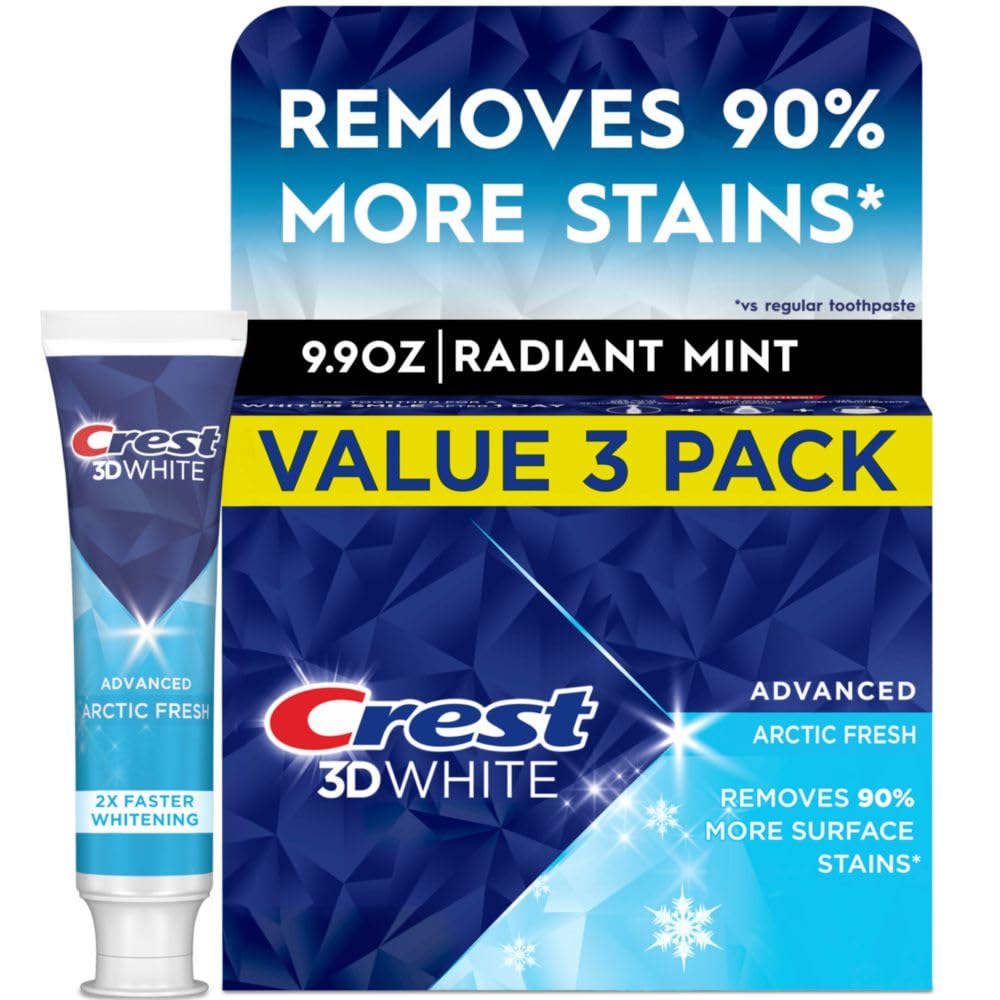 Crest 3D White Advanced Teeth Whitening Toothpaste, Arctic Fresh, 3.3 oz, Pack of 3