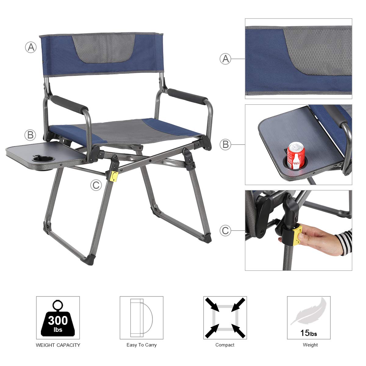 Side Table and Armrest,Supports 300 lbs PORTAL Compact Folding Directors Chair Heavy Duty