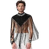 Men's Long Tassel Shrug Shoulder Pads Tank Top Clubwear Disco Rave Outfits Patchwork Sequins Fringe Outwears