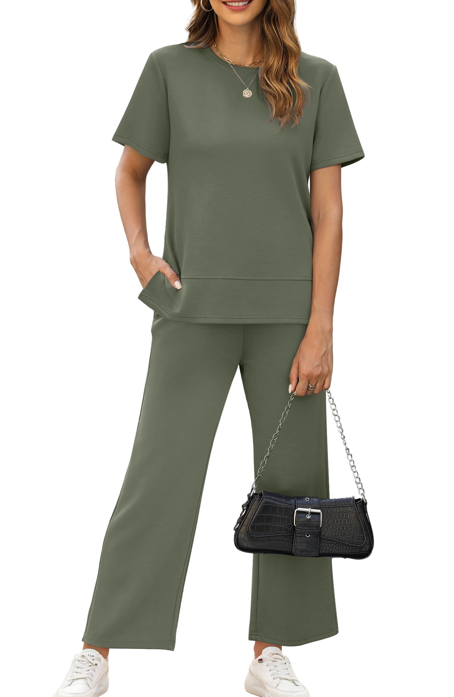 Photo 1 of XIEERDUO Summer Tracksuit for Women Two Piece Travel Outfits 2 Pc Lounge Set Spring Wide Leg Loungewear Oversized Short Sleeve Sweatsuit Women's Vacation Clothes Green XL