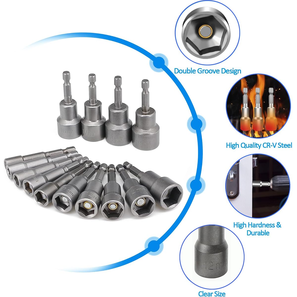 14er Set Magnete Sechskant Stecknuss, 6-19mm Steckschlüssel Magnetisch Sechskant Stecknuss Adapter, Anschrauben Schraubenschlüssel für Bohrer 6