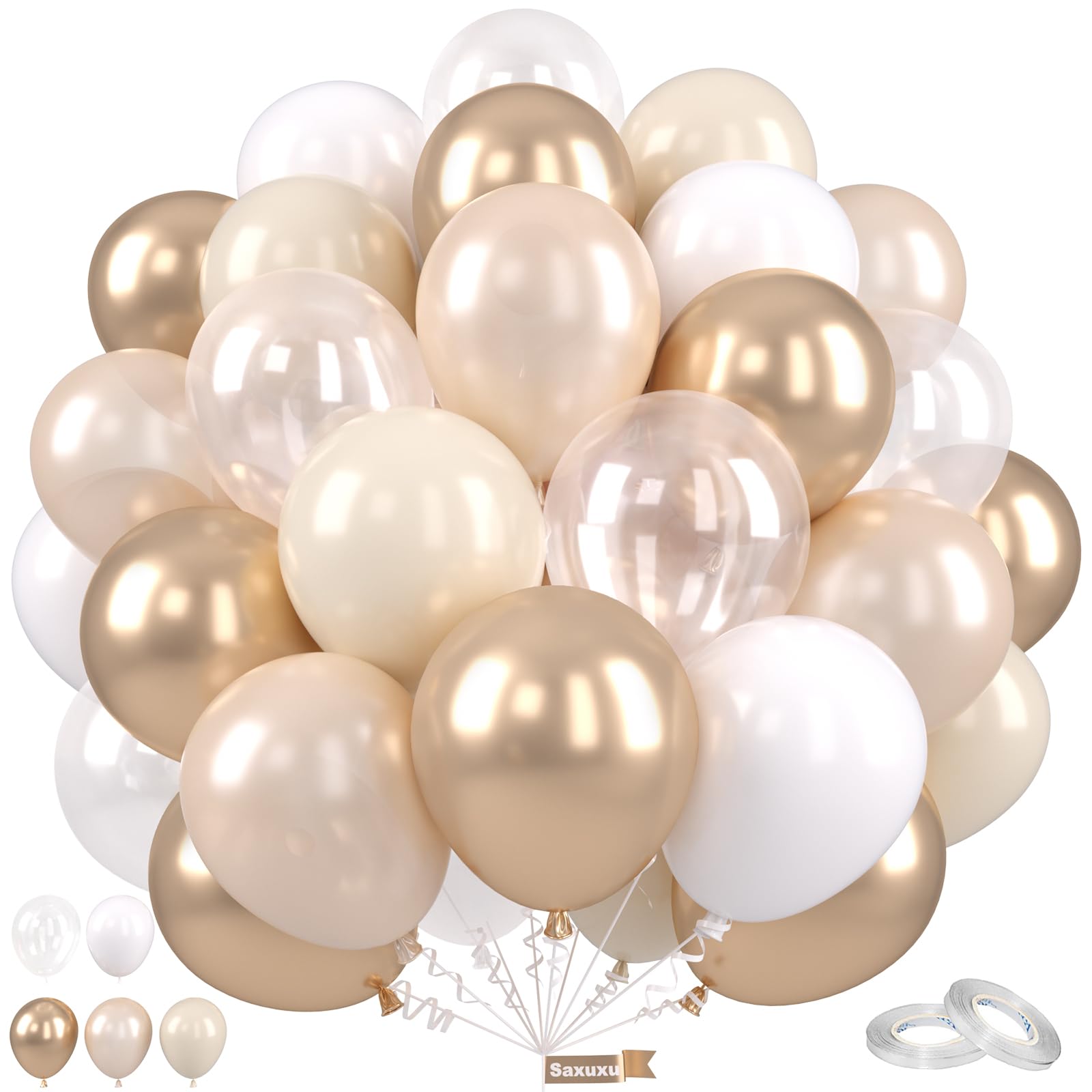 Saxuxu Gold and White Balloons, 12 Inch Gold Balloons, Nude Metallic Champagne Gold Balloons, Pearl White Clear Latex Balloons for Wedding Engagement Anniversary Men Women Birthday Party Decorations