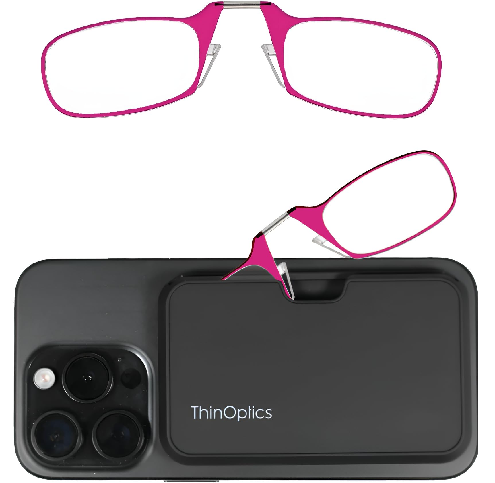 ThinOptics Folding Reading Glasses 1.0 with Compact Case - Slim & Foldable Spectacles with Pink Frame - Armless Nose Clip Readers for Men & Women – Thin Design with Mobile Case Attachment